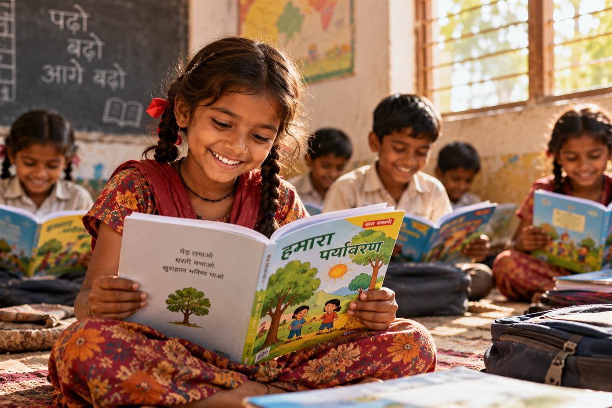 A rural schoolgirl smiling at a new storybook