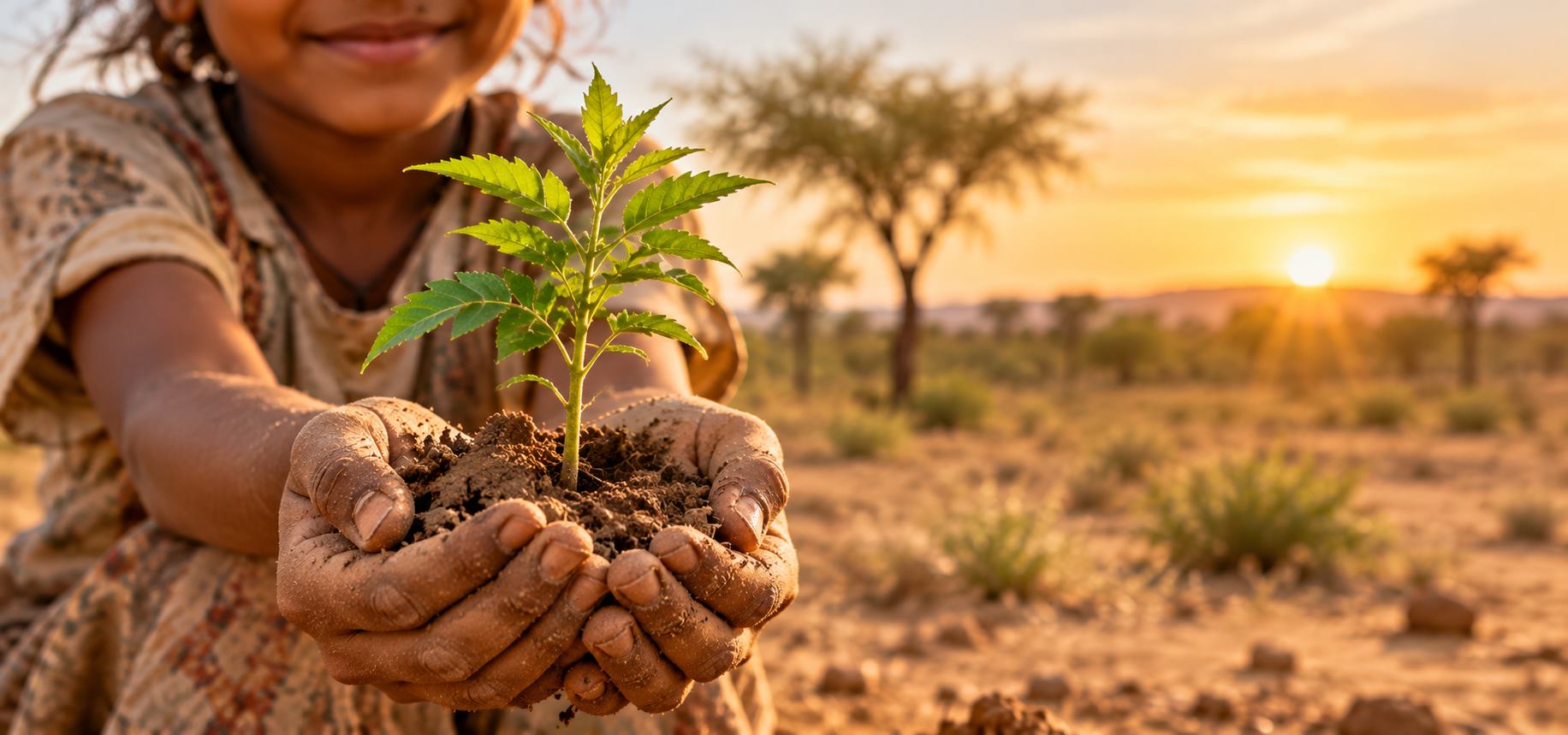 A child holding a small neem sapling in cupped hands