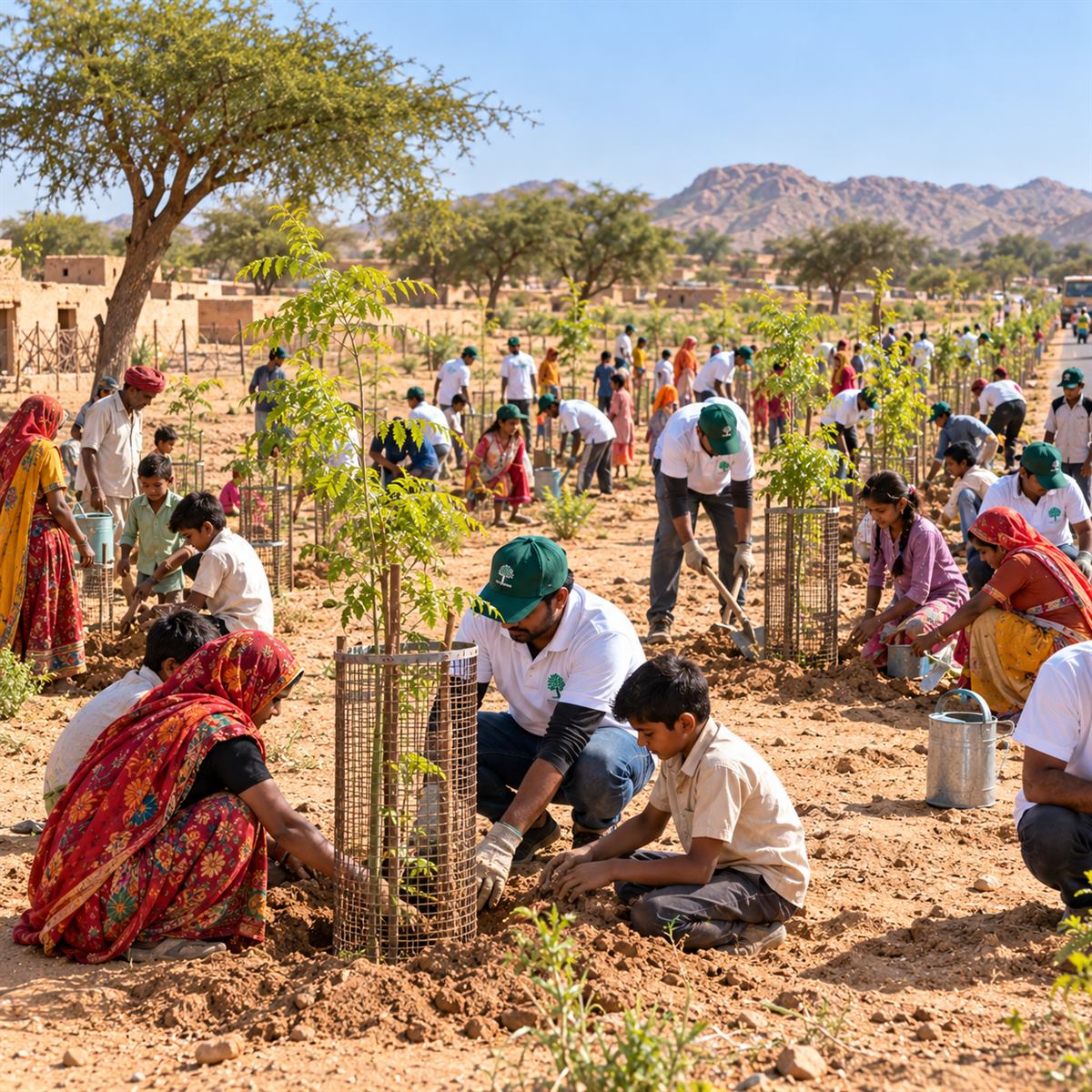 Villagers and volunteers planting rows of native trees with tree guards