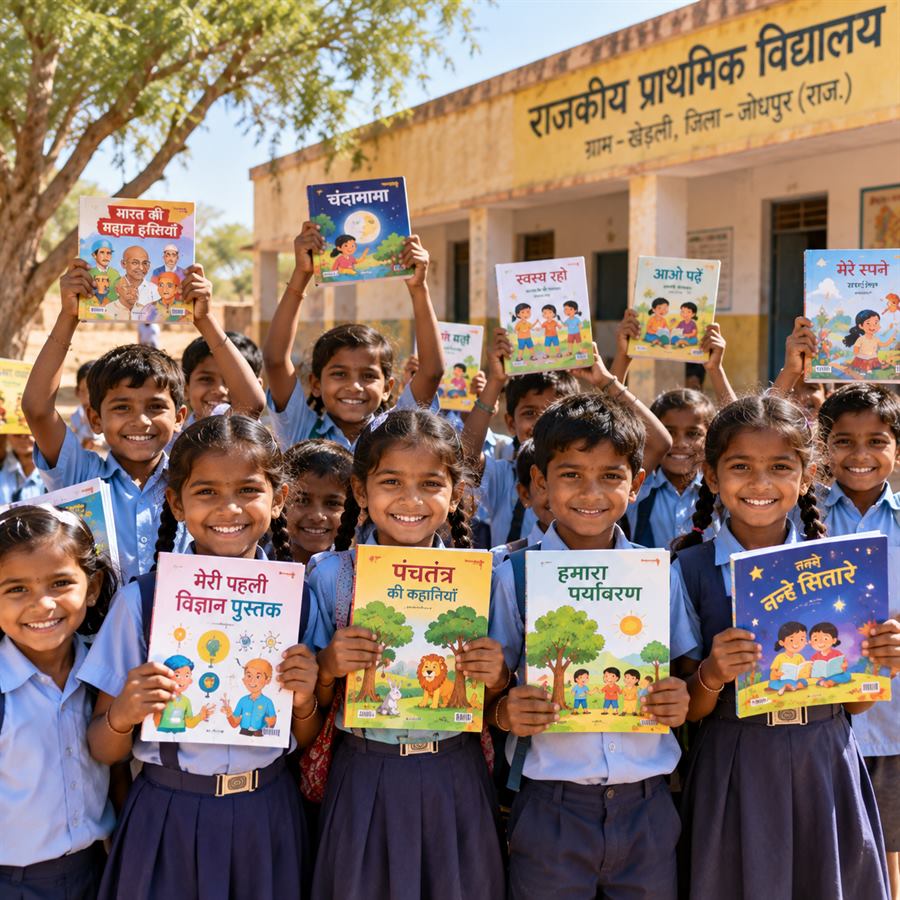 Smiling schoolchildren holding up donated Hindi books