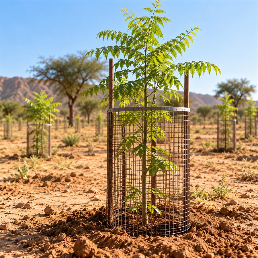 A young native sapling inside a tree guard