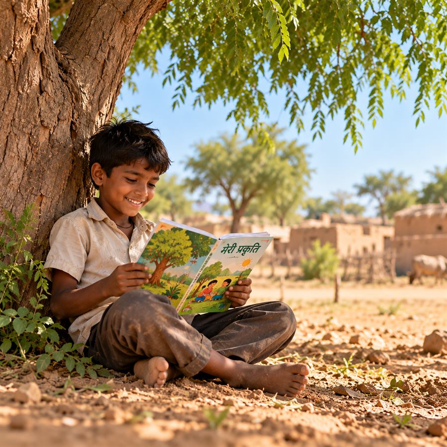 A village boy reading under a neem tree