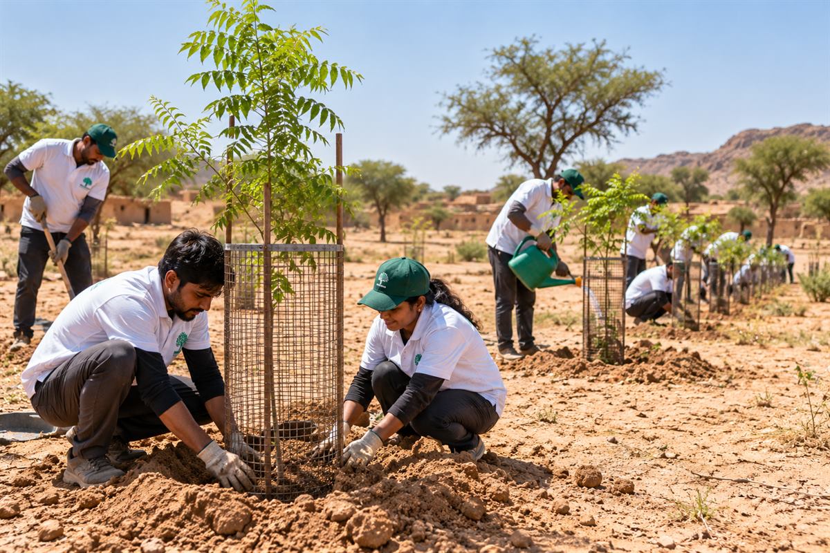 Volunteers planting native neem saplings with metal tree guards